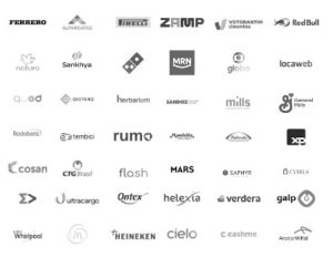 A imagem mostra a lista de clientes da Flow Group Brasil, representando nomes como Globo, Red Bull e Ferrero, entre outros.
